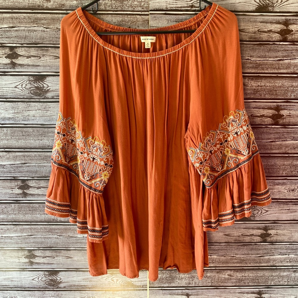 Max Studio Rust Orange Embroidered Peasant Blouse